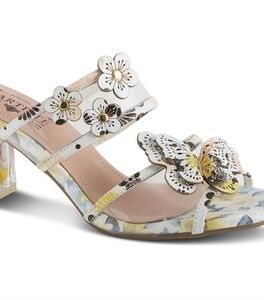 White and Yellow Floral Sandals with Crystal Embellishments